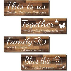 4 Pieces Home Wall Signs, THIS IS US/TOGETHER/BLESS THIS HOME/FAMILY Wall Decor